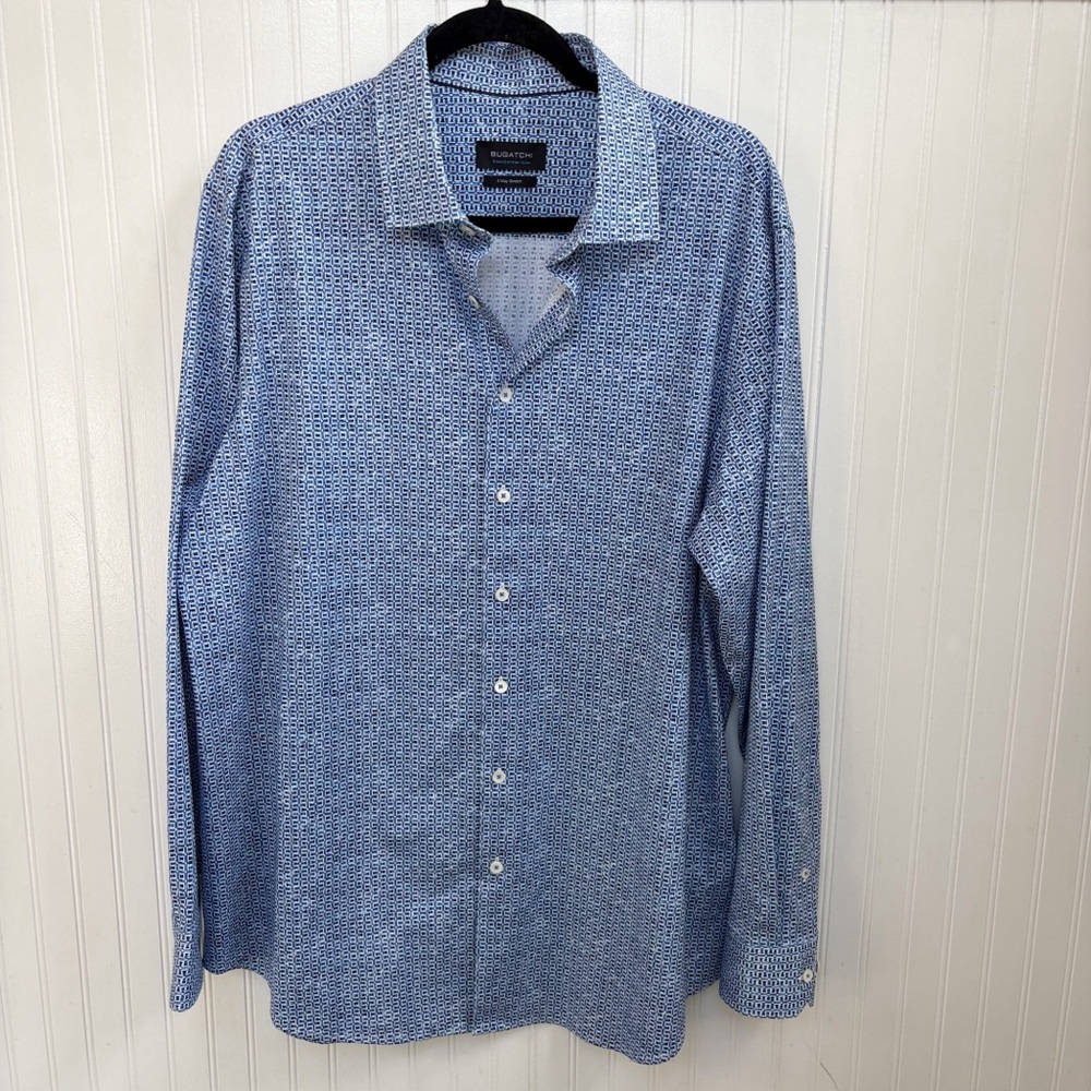 Bugatchi Classic Blue Chain Print Long Sleeve Button Up Shirt Men’s Size XL